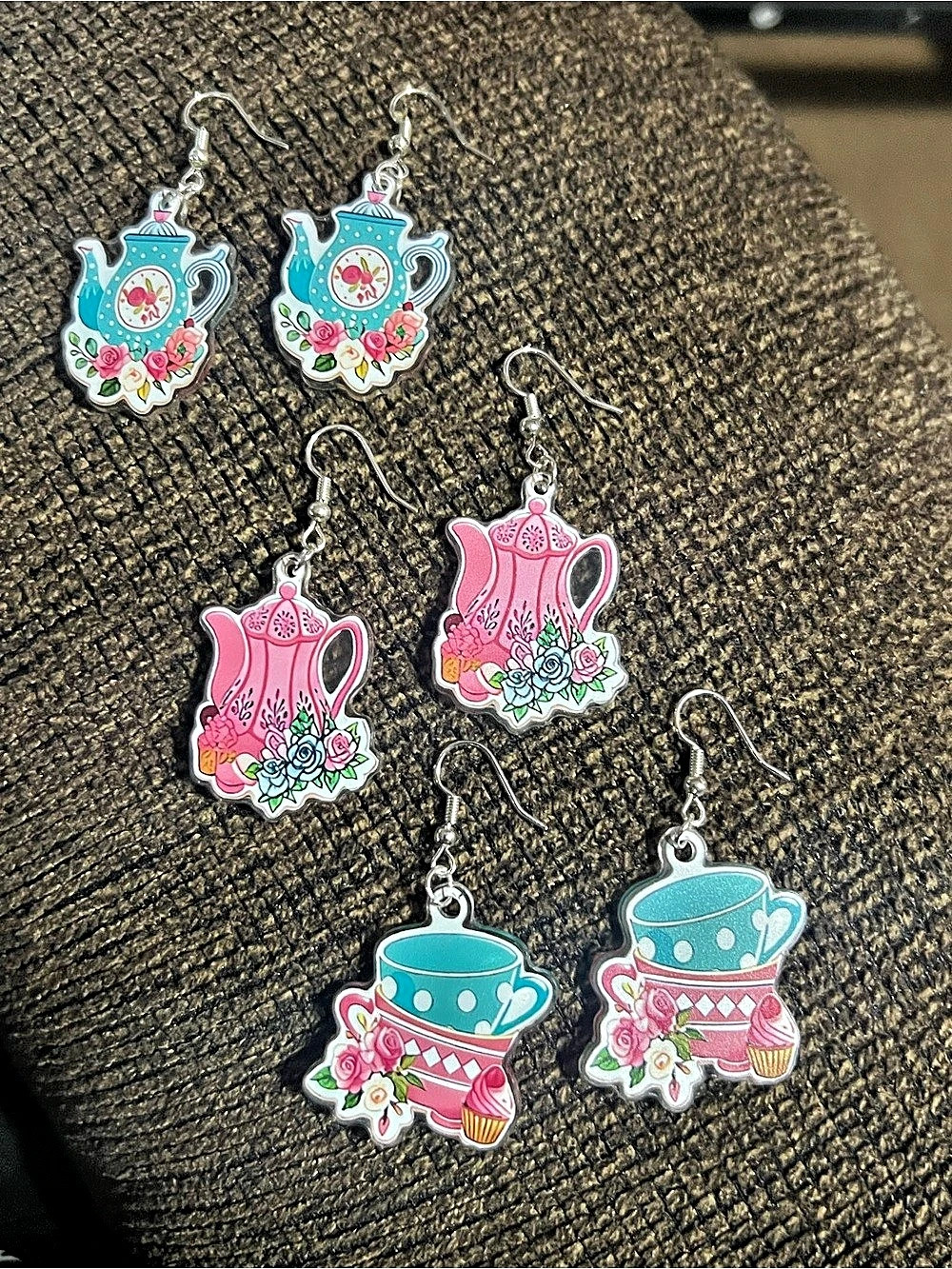 Teapot & Teacup Dangle Earrings Pink & Blue B296